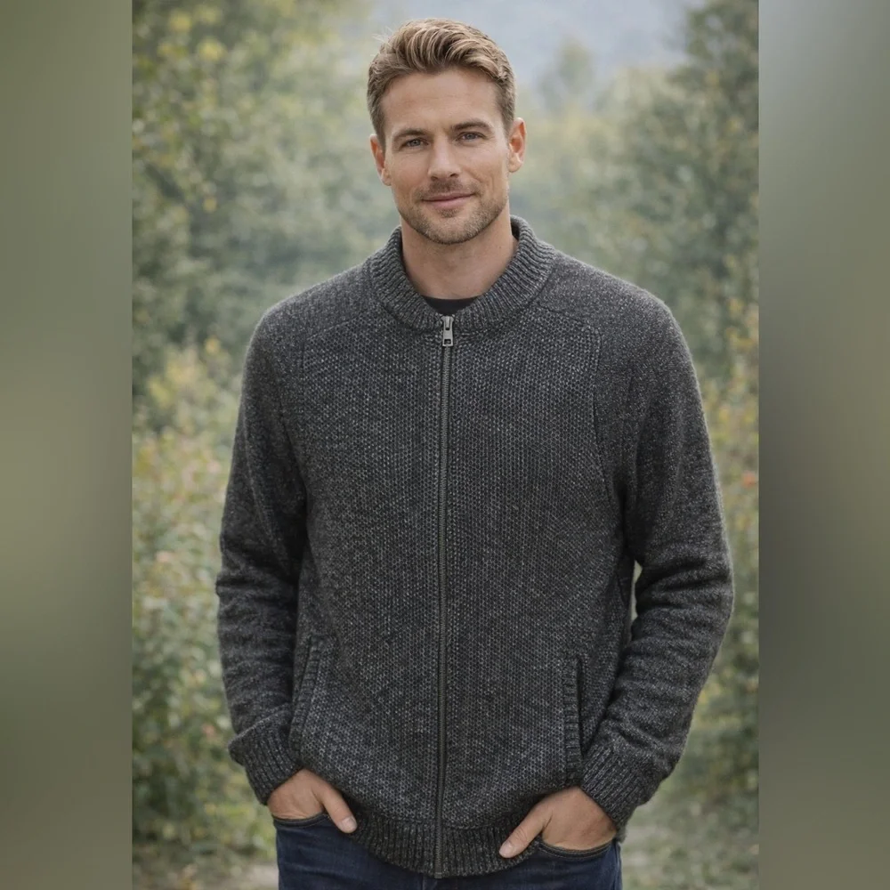A-Frame Men's Classic Charcoal Full Zip Cotton Blend Sweater, Pockets, S